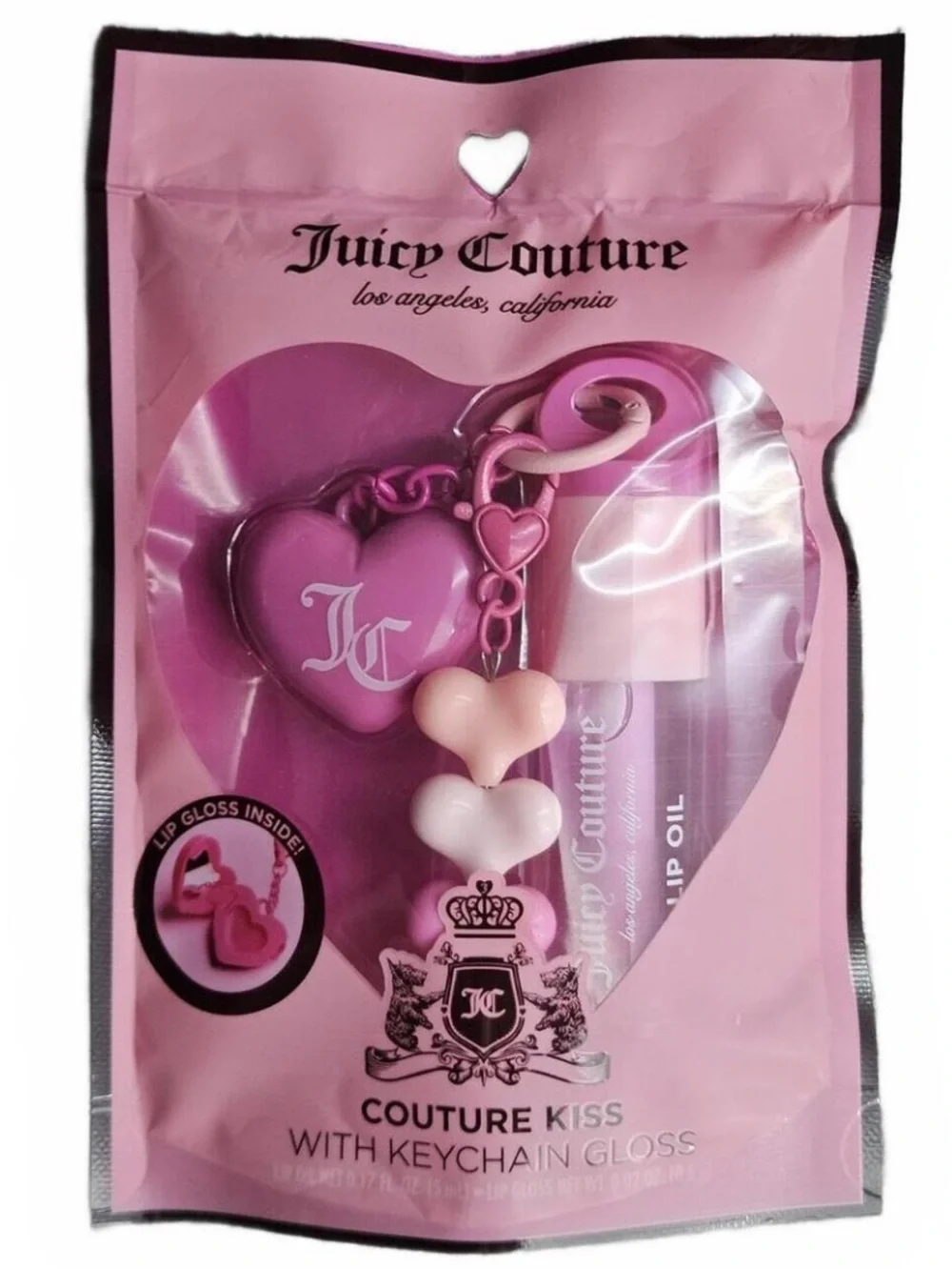 JUICY COUTURE Pink Coquette Lip Oil/Gloss & Pink Heart Keychain NWT